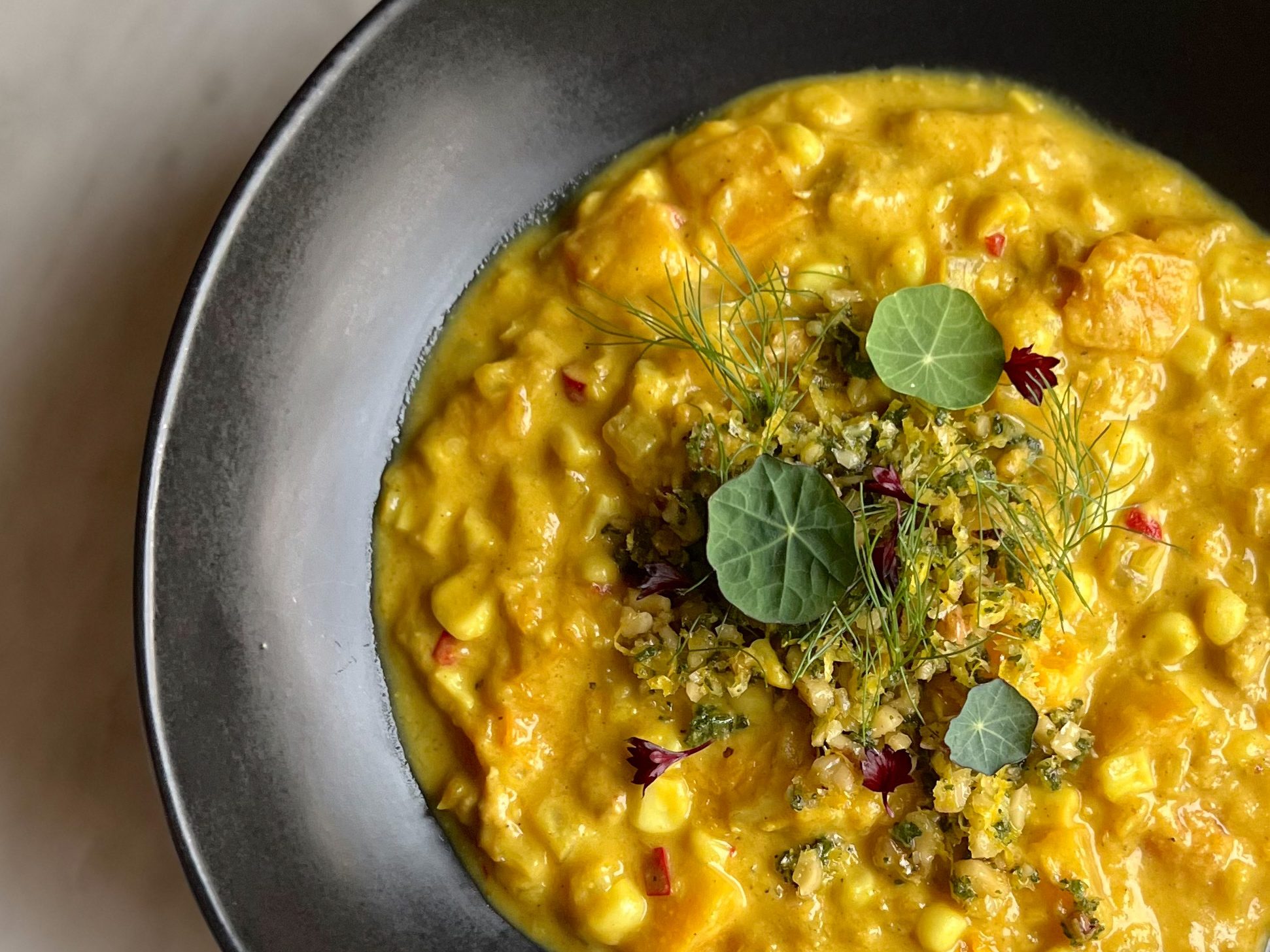 Butternut-Squash Corn Chowder with Walnut-Sage Gremolata