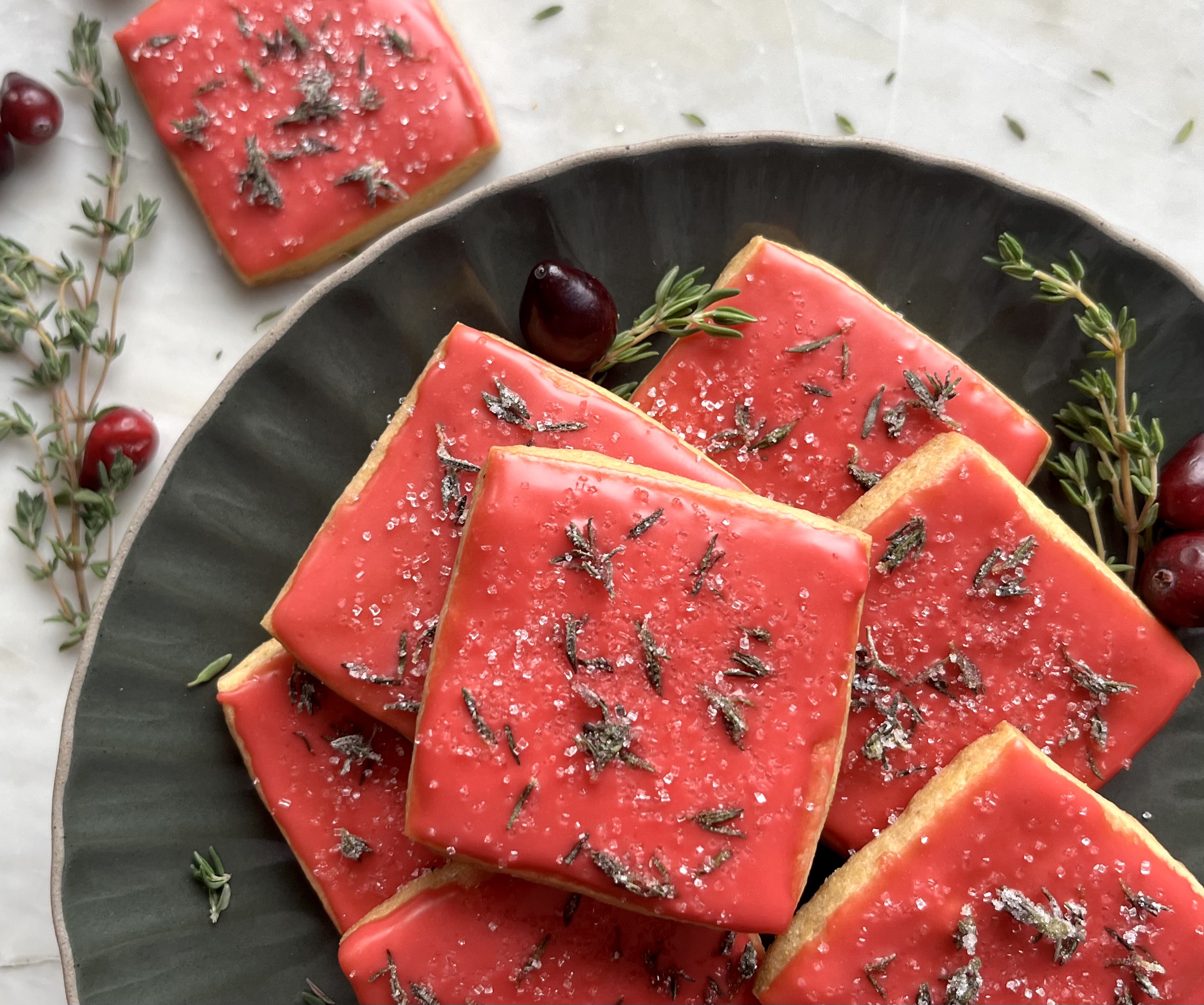 Cranberry-Glazed Cornmeal Cookies with Sugared Thyme